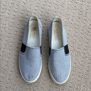 Ralph Lauren Jinny Canvas Slip-On Loafers with Black elastic side accents.